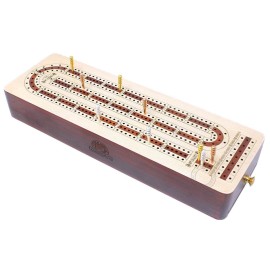 House of Cribbage Continuous Cribbage Board Alphabet e Shape Inlaid in Maple and Bloodwood with Storage Drawer for pegs and Cards - 3 Tracks