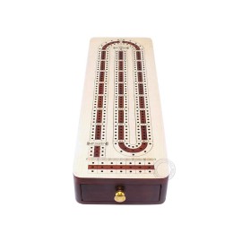 House of Cribbage Continuous Cribbage Board Alphabet e Shape Inlaid in Maple and Bloodwood with Storage Drawer for pegs and Cards - 3 Tracks