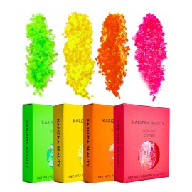 KARIZMA Neon Nights! 4x 10g Chunky Face, Hair, Eye & Body Glitter Set - Neon Yellow, Pink, Orange, Green - Festival, Rave & Event Glitter