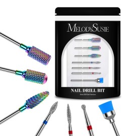 MelodySusie Nail Drill Bits Set, 7pcs Tungsten Carbide Diamond Nail Drill Bits for Acrylic Nails Poly Gel Cuticle Remove, 3/32\'\' Professional Nail Bits for Nail Drill Efile, Manicure Pedicure Tools