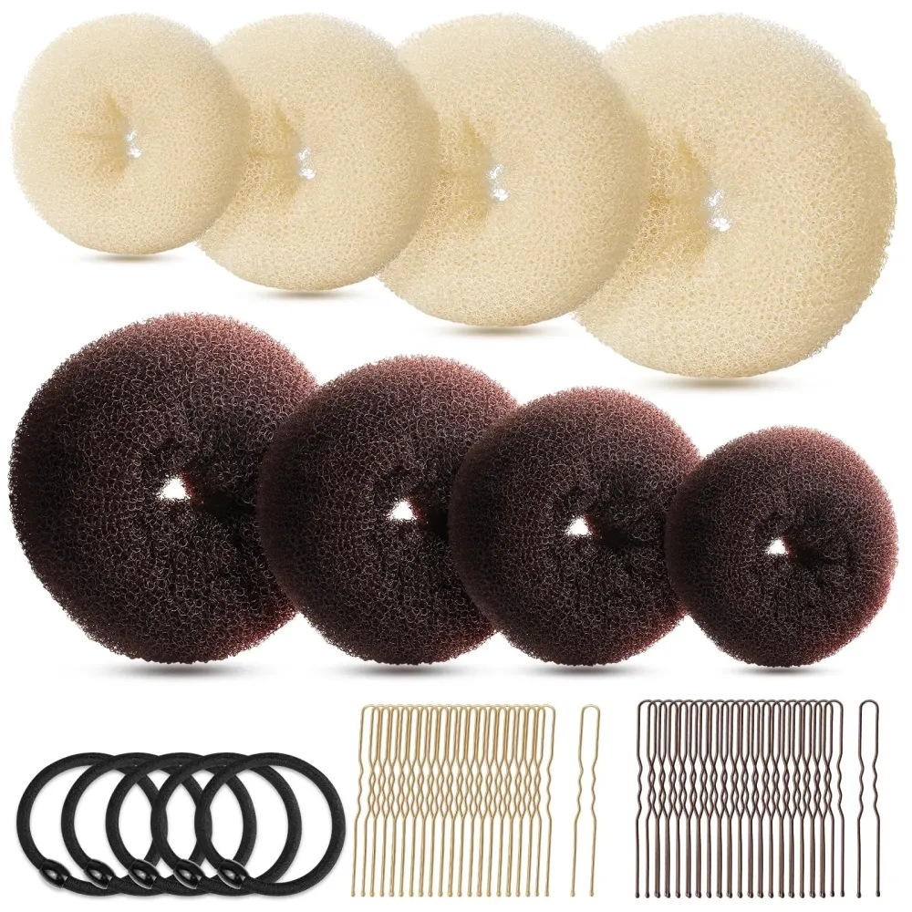 FANDAMEI Hair Bun Maker Set, Donut Bun Maker Set With 4pcs Dark Brown &4pcs Beige(2 extra-large,2 large,2 medium and 2 small), 5 pieces Hair Elastic Bands, 40 pieces Hair Bobby Pins (Brown and Gold) FANDAMEI Hair Bun Maker Set, Donut Bun Maker Set With 4pcs Dark Brown &4pcs Beige(2 extra-large,2 large,2 medium and 2 small), 5 pieces Hair Elastic Bands, 40 pieces Hair Bobby Pins (Brown and Gold)