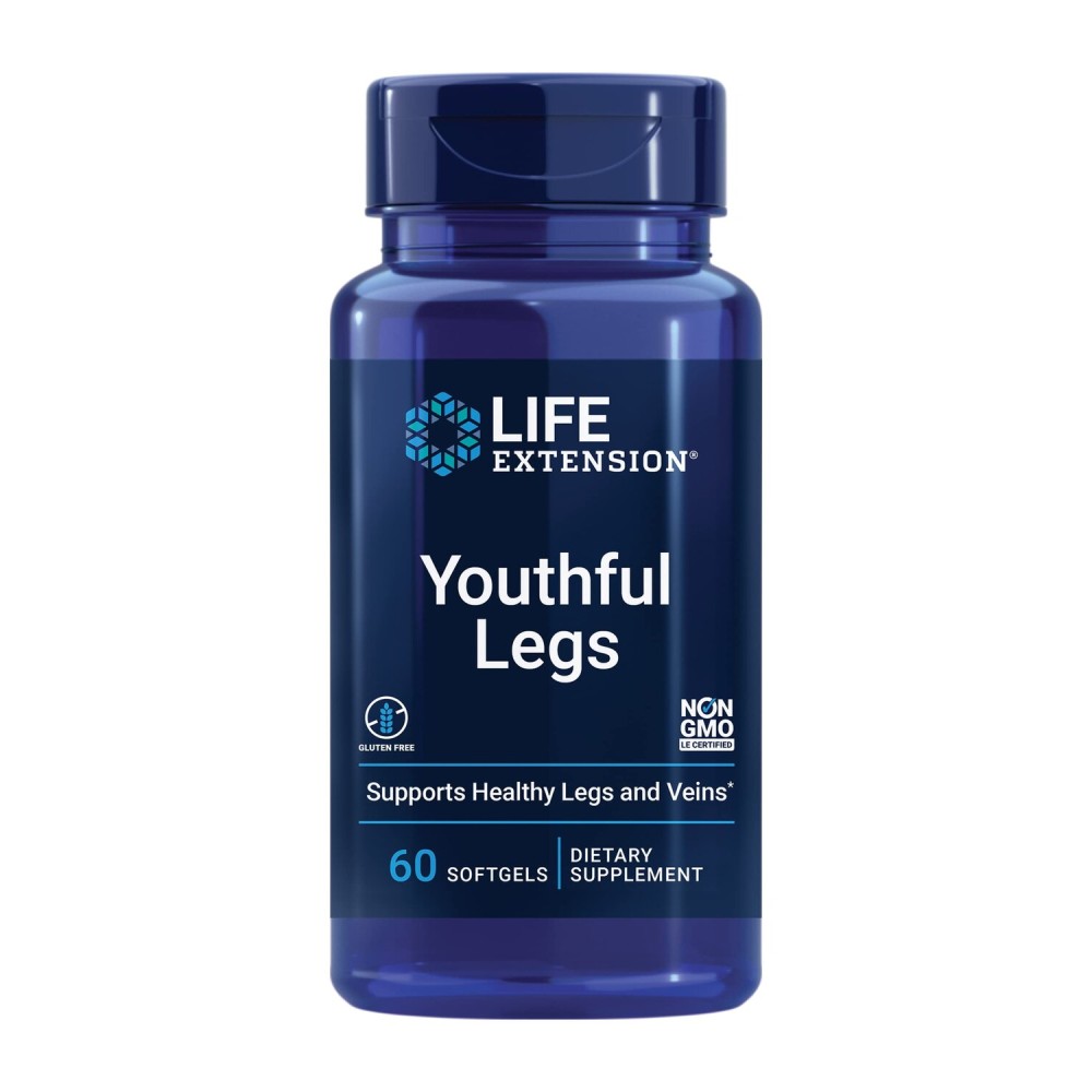 Life Extension Youthful Legs, blood flow, vein support, circulation supplement, leg health, orange peel extract, diosmin, gluten free, non-GMO, 60 softgels