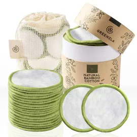 Greenzla Reusable Makeup Remover Pads, Washable Bamboo Cotton Rounds with Mesh Laundry Bag, Travel Pouch, Pad Holder - Reusable Cotton Rounds for All Skin Types - Perfect for Face Care, 20 Pack