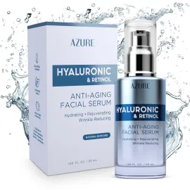 Azure Cosmetics Dermatologist Tested Hyaluronic & Retinol Face Serum - K Beauty Anti-Aging Formula for Dark Spots & Wrinkle Care - Korean Skincare, Moisturizing Complex for Glowing Skin - 1.69 fl oz