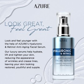 Azure Cosmetics Dermatologist Tested Hyaluronic & Retinol Face Serum - K Beauty Anti-Aging Formula for Dark Spots & Wrinkle Care - Korean Skincare, Moisturizing Complex for Glowing Skin - 1.69 fl oz