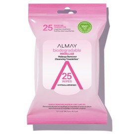 Almay Makeup Remover Cleansing Towelettes, Biodegradable Micellar Water Wipes for Sensitive Skin, Hypoallergenic, Cruelty- & Fragrance-Free, 25 Count Almay Makeup Remover Cleansing Towelettes, Biodegradable Micellar Water Wipes for Sensitive Skin, Hypoallergenic, Cruelty- & Fragrance-Free, 25 Count
