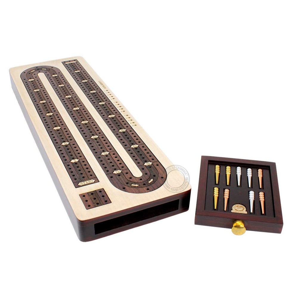 House of Cribbage - 3 Track Continuous Cribbage Board Inlaid in Rosewood - Maple Wood - Size: 12.5 Inches - Storage Drawer for Cribbage Pegs House of Cribbage - 3 Track Continuous Cribbage Board Inlaid in Rosewood - Maple Wood - Size: 12.5 Inches - Storage Drawer for Cribbage Pegs