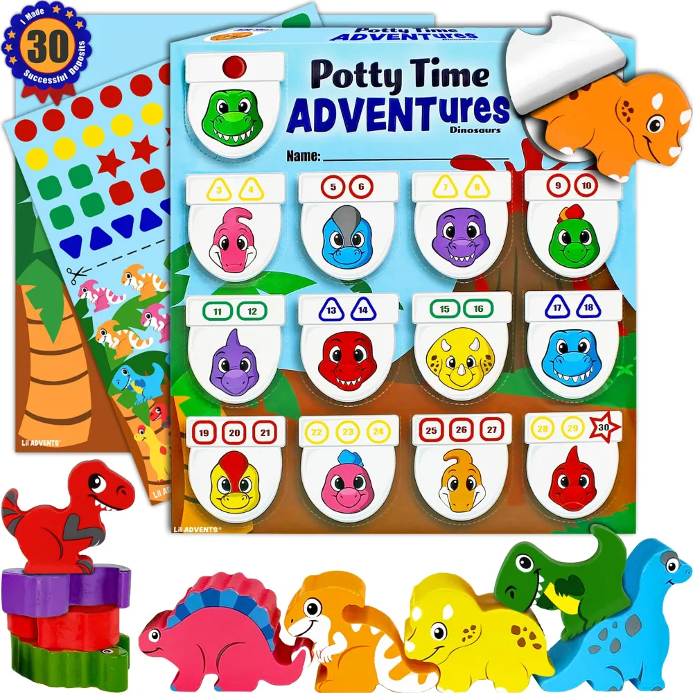Potty Time Adventures Potty Training Chart for Toddlers by Lil ADVENTS - 14 Stacking Wood Block Toy Prizes - Potty Training Advent Game - Behavior Reward Chart, Stickers & Activity Board - Dinosaurs Potty Time Adventures Potty Training Chart for Toddlers by Lil ADVENTS - 14 Stacking Wood Block Toy Prizes - Potty Training Advent Game - Behavior Reward Chart, Stickers & Activity Board - Dinosaurs