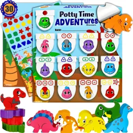 Potty Time Adventures Potty Training Chart for Toddlers by Lil ADVENTS - 14 Stacking Wood Block Toy Prizes - Potty Training Advent Game - Behavior Reward Chart, Stickers & Activity Board - Dinosaurs