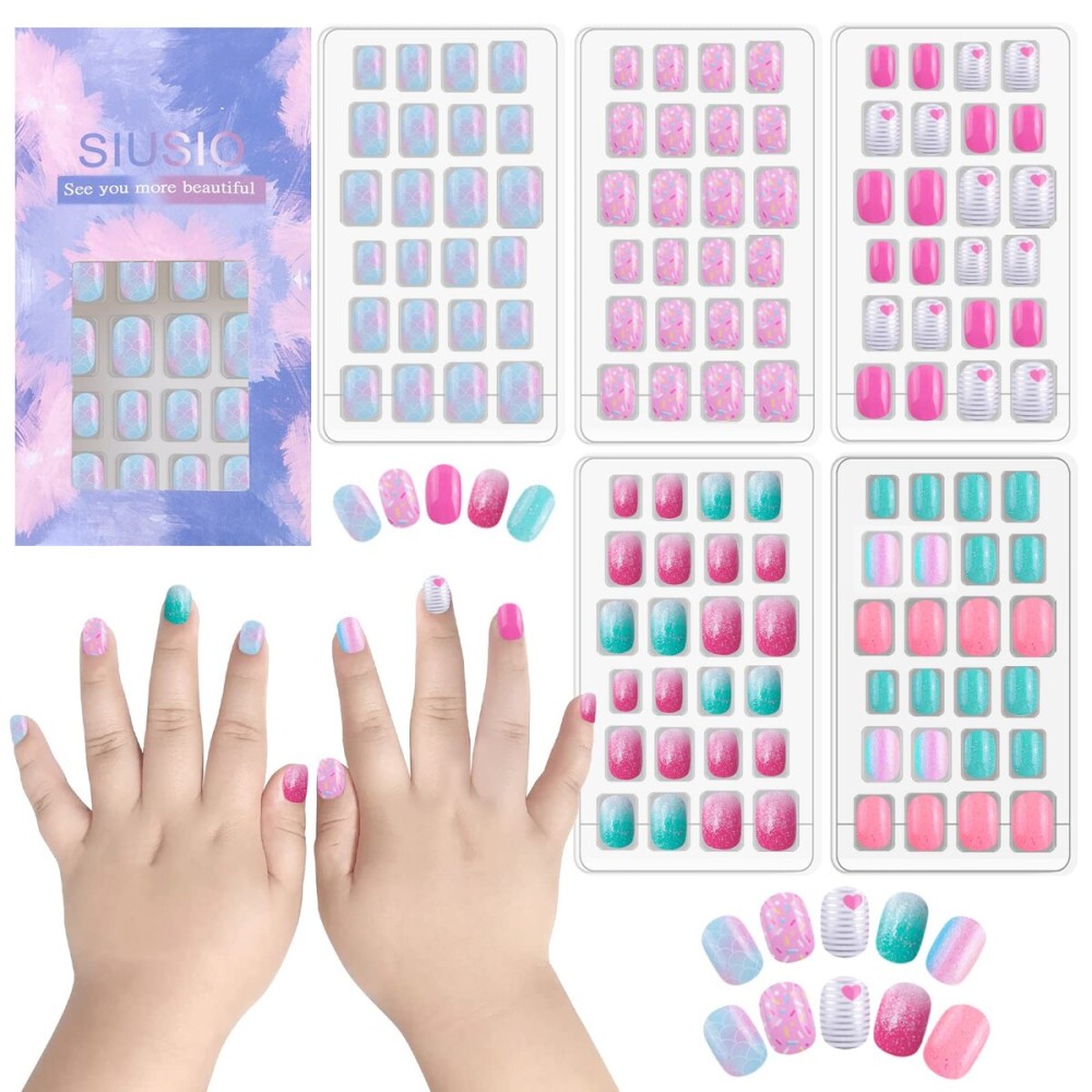 SIUSIO 120 Pcs 5 Pack Children Acrylic Fake Nails Press on Pre-glue Full Cover Glitter Gradient Color Rainbow Short False Nail Art Kits Set for Kids Little Girls - Multicolor Gradient Series SIUSIO 120 Pcs 5 Pack Children Acrylic Fake Nails Press on Pre-glue Full Cover Glitter Gradient Color Rainbow Short False Nail Art Kits Set for Kids Little Girls - Multicolor Gradient Series
