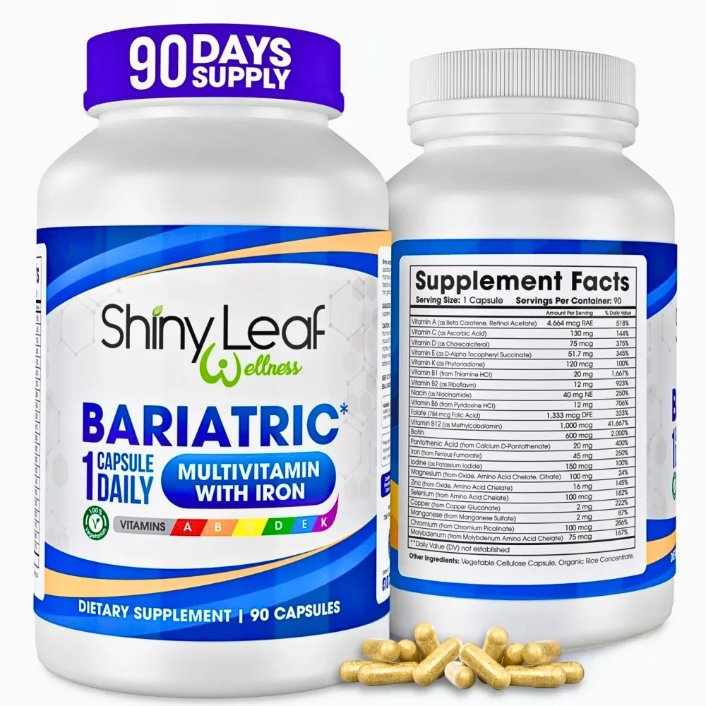 Shiny Leaf Bariatric Multivitamin with Iron - 45 mg for Gastric Bypass, Sleeve Gastrectomy, Roux-en-Y, Duodenal Switch - 22 Vitamins & Minerals, ASMBS Compliant, Vegetarian, Made in USA, GMP, 90 Ct. Shiny Leaf Bariatric Multivitamin with Iron - 45 mg for Gastric Bypass, Sleeve Gastrectomy, Roux-en-Y, Duodenal Switch - 22 Vitamins & Minerals, ASMBS Compliant, Vegetarian, Made in USA, GMP, 90 Ct.