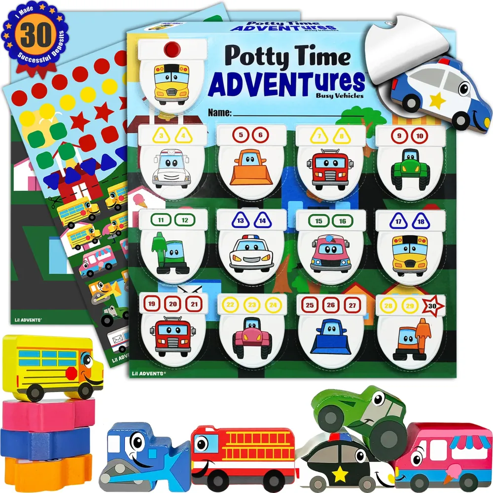 Potty Time Adventures Potty Training Chart for Toddlers by Lil ADVENTS - 14 Wooden Stacking Block Toys - Potty Training Advent Game, Behavior Reward Chart, Car Stickers, Activity Board - Busy Vehicles Potty Time Adventures Potty Training Chart for Toddlers by Lil ADVENTS - 14 Wooden Stacking Block Toys - Potty Training Advent Game, Behavior Reward Chart, Car Stickers, Activity Board - Busy Vehicles