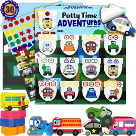 Potty Time Adventures Potty Training Chart for Toddlers by Lil ADVENTS - 14 Wooden Stacking Block Toys - Potty Training Advent Game, Behavior Reward Chart, Car Stickers, Activity Board - Busy Vehicles
