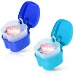 KISEER 2 Pack Colors Denture Bath Case Cup Box Holder Storage Soak Container with Strainer Basket for Travel Cleaning (Light Blue and Blue)