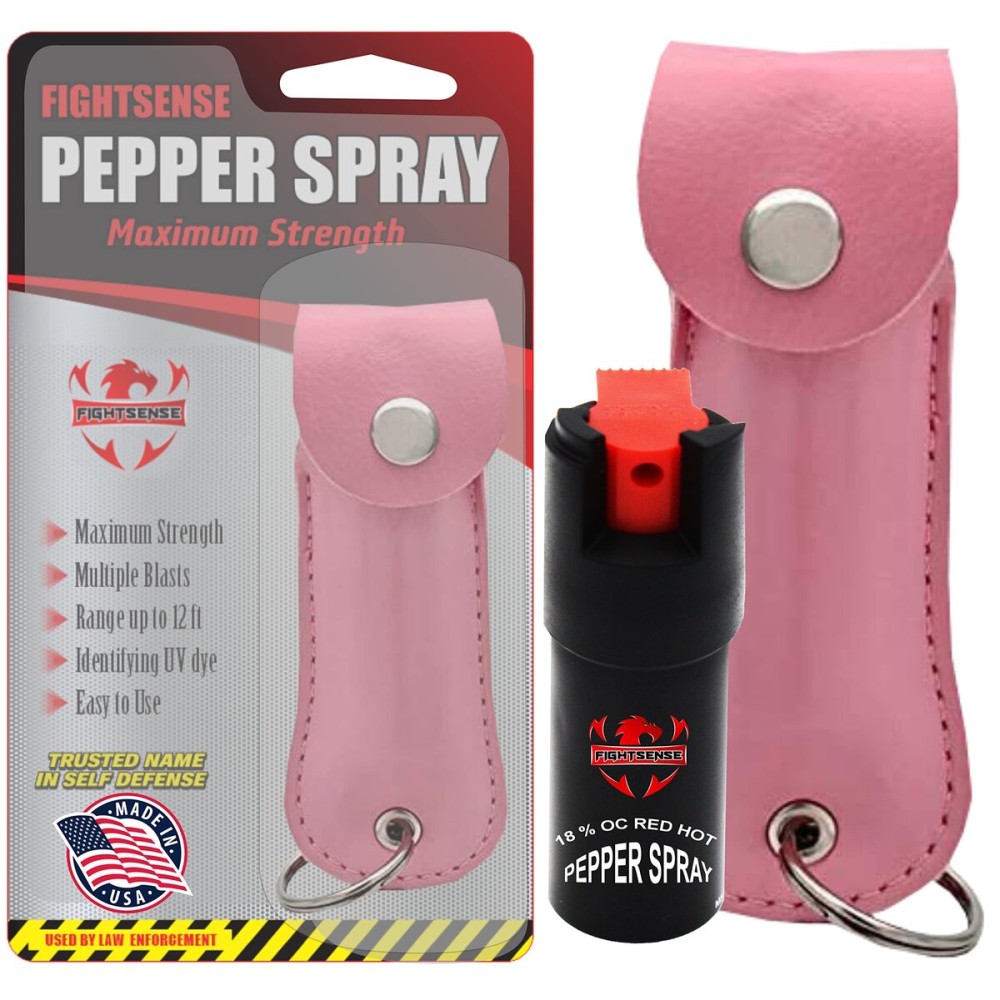FIGHTSENSE Self Defense Pepper Spray - 1/2 oz Compact Size Maximum Strength Police Grade Formula Best Self Defense Tool for Women W/Leather Pouch Keychain (Pink) FIGHTSENSE Self Defense Pepper Spray - 1/2 oz Compact Size Maximum Strength Police Grade Formula Best Self Defense Tool for Women W/Leather Pouch Keychain (Pink)