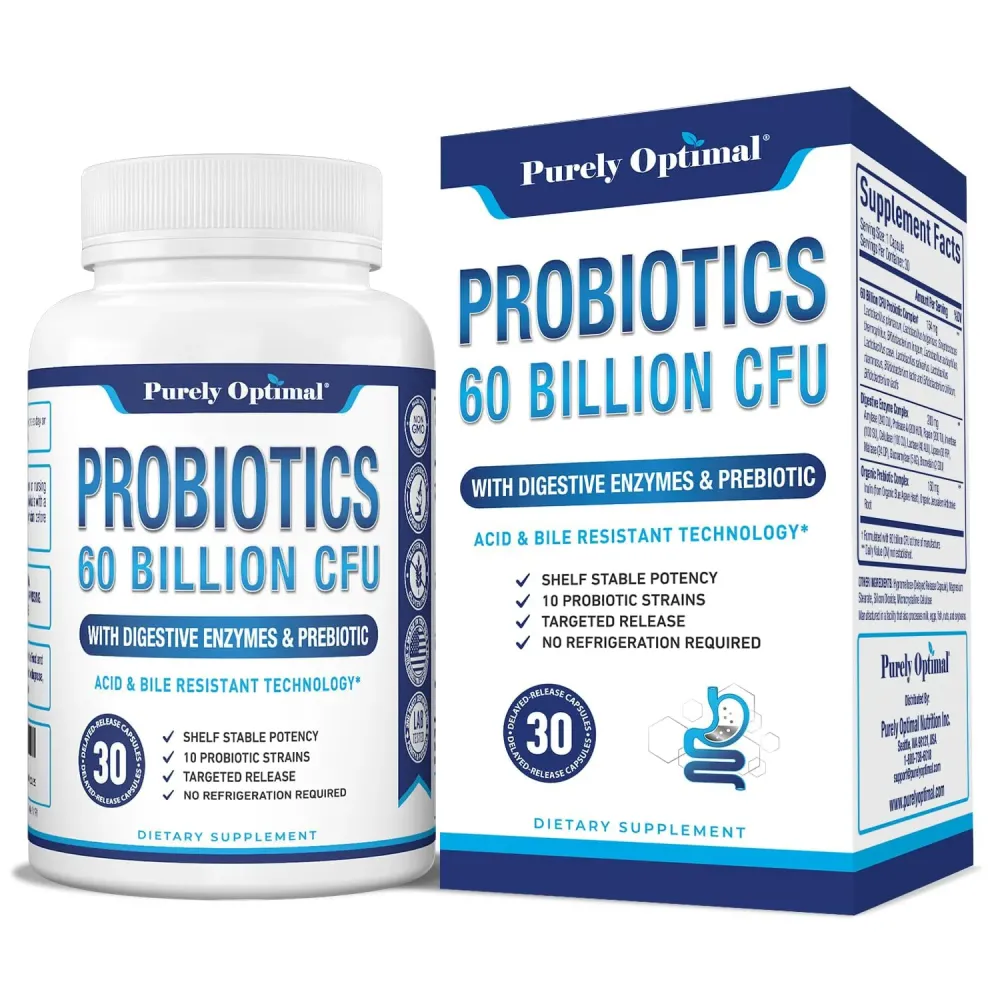 Purely Optimal Premium Probiotics 60 Billion CFU w/Organic Prebiotics & Digestive Enzymes Purely Optimal Premium Probiotics 60 Billion CFU w/Organic Prebiotics & Digestive Enzymes