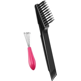 Boao 2 Pieces Hair Brush Cleaning Tool Comb Set Mini Hair Brush Dirt Remover with Metal Wire Rake for Removing Hair Dust Home and Salon Use(Pink and Black)