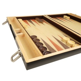 15-inch Wood Backgammon Set - Black/Zebra Wood Board - Oak Inlaid Field 15-inch Wood Backgammon Set - Black/Zebra Wood Board - Oak Inlaid Field