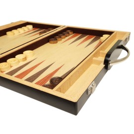 15-inch Wood Backgammon Set - Black/Zebra Wood Board - Oak Inlaid Field 15-inch Wood Backgammon Set - Black/Zebra Wood Board - Oak Inlaid Field