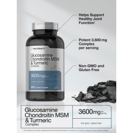 Horbach Glucosamine Chondroitin MSM | 3600 mg | 360 Caplets | Advanced Formula with Turmeric | Non-GMO, Gluten Free
