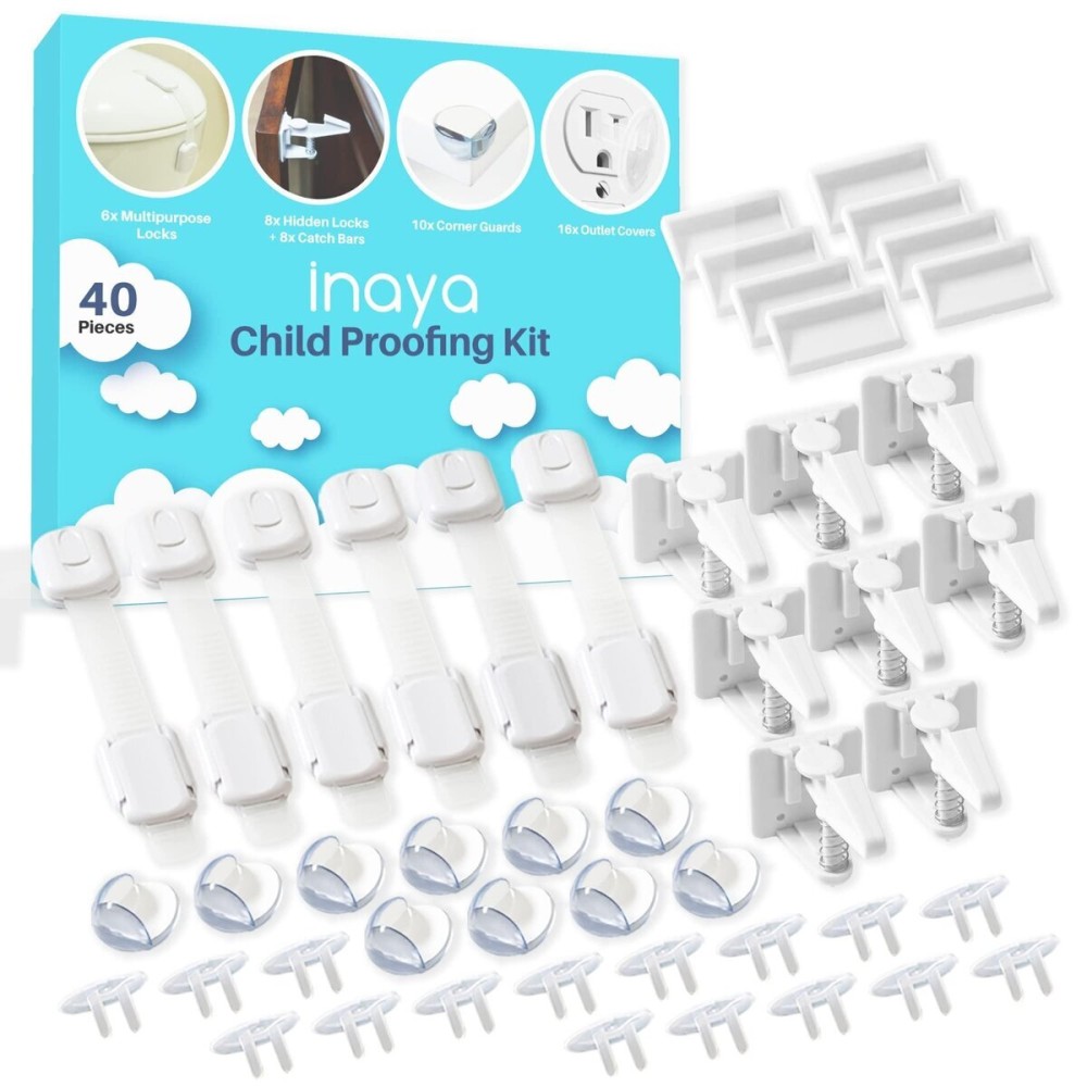 Inaya Complete Baby Proofing Kit - Child Safety Hidden Locks for Cabinets & Drawers, Adjustable Safety Latches, Corner Guards and Outlet Covers - Baby Proof Pack to Keep Your Child Safe at Home Inaya Complete Baby Proofing Kit - Child Safety Hidden Locks for Cabinets & Drawers, Adjustable Safety Latches, Corner Guards and Outlet Covers - Baby Proof Pack to Keep Your Child Safe at Home