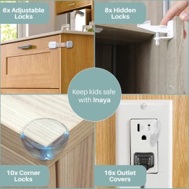Inaya Complete Baby Proofing Kit - Child Safety Hidden Locks for Cabinets & Drawers, Adjustable Safety Latches, Corner Guards and Outlet Covers - Baby Proof Pack to Keep Your Child Safe at Home Inaya Complete Baby Proofing Kit - Child Safety Hidden Locks for Cabinets & Drawers, Adjustable Safety Latches, Corner Guards and Outlet Covers - Baby Proof Pack to Keep Your Child Safe at Home