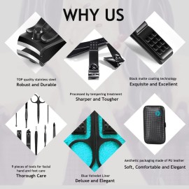 HANTEKAS Manicure Set 9 in 1 Stainless Steel, Nail Clippers Scissors Pedicure Tools Kit - Portable Travel Grooming Kit for Men and Women with Black/Blue Leather Case (Blue) HANTEKAS Manicure Set 9 in 1 Stainless Steel, Nail Clippers Scissors Pedicure Tools Kit - Portable Travel Grooming Kit for Men and Women with Black/Blue Leather Case (Blue)