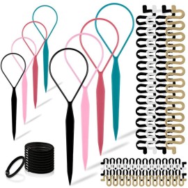 TsMADDTs Hair Braiding Tools Set, 8PCS Topsy Tail Tools, 8PCS French Centipede Braiders for French Twist Plait Ponytail, 10PCS Black Hair Ties Bulk