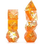 Cusdie 7-Piece Dice Set - Resin DND Dice with Yellow Leaf-Shaped Gold Foil Design, Perfect for Board Game Enthusiasts, Gifts, and Collectors(Fall Dice)