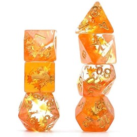 Cusdie 7-Piece Dice Set - Resin DND Dice with Yellow Leaf-Shaped Gold Foil Design, Perfect for Board Game Enthusiasts, Gifts, and Collectors(Fall Dice)