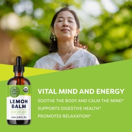 Vimergy Organic Lemon Balm Tincture Herbal Supplement - 175 mg of 10:1 Lemon Balm Extract per Serving, can be Used in Tea - USDA Certified Organic, Non-GMO, Alcohol-Free -115 mL (1 mL/Serving)