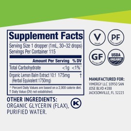 Vimergy Organic Lemon Balm Tincture Herbal Supplement - 175 mg of 10:1 Lemon Balm Extract per Serving, can be Used in Tea - USDA Certified Organic, Non-GMO, Alcohol-Free -115 mL (1 mL/Serving)