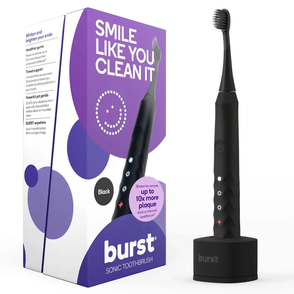 BURST Original Sonic Electric Toothbrush for Adults (Black) | Soft Bristle Deep Clean Stain & Plaque Removal | 3 Modes: Teeth Whitening, Sensitive & Massage BURST Original Sonic Electric Toothbrush for Adults (Black) | Soft Bristle Deep Clean Stain & Plaque Removal | 3 Modes: Teeth Whitening, Sensitive & Massage