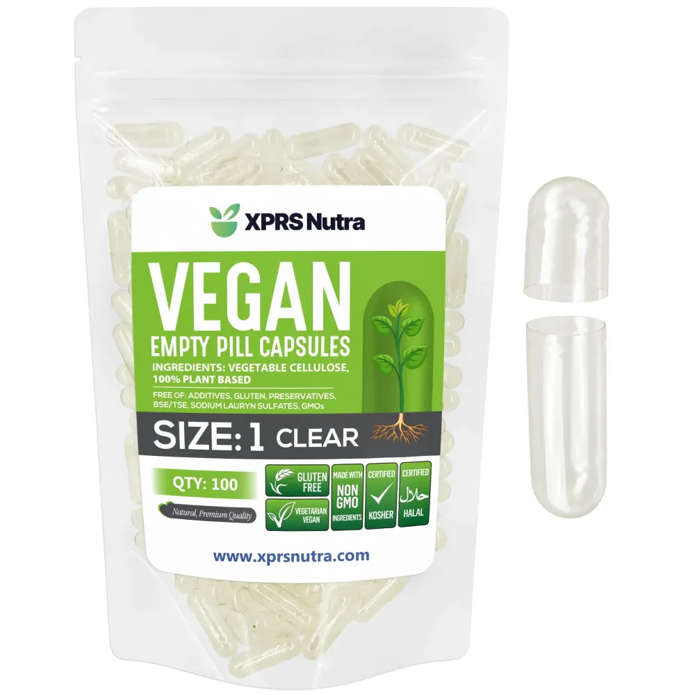 XPRS Nutra Size 1 Empty Capsules - 100 Count Clear Empty Vegan Capsules - Vegetarian Pills - DIY Vegetable Capsule Filling- Veggie Pill Caps for Do-It-Yourself Supplements XPRS Nutra Size 1 Empty Capsules - 100 Count Clear Empty Vegan Capsules - Vegetarian Pills - DIY Vegetable Capsule Filling- Veggie Pill Caps for Do-It-Yourself Supplements