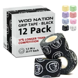 WOD Nation Weightlifting Hook Grip Tape - Comfortable, Stretchy Athletic Thumb Tape for Cross Training - Protects Wrist & Finger - Weight Lifting - Powerlifting (3-Pack, 23ft Each, Black)