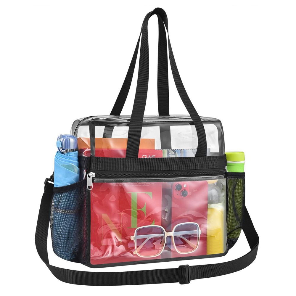 Paxiland Clear Bag for Stadium Events 12x6x12, Large Clear Tote Lunch Bag Stadium Approved with Reinforced Shoulder Straps for Concert Outfits and Festival, Transparent Handbag for Women - Black