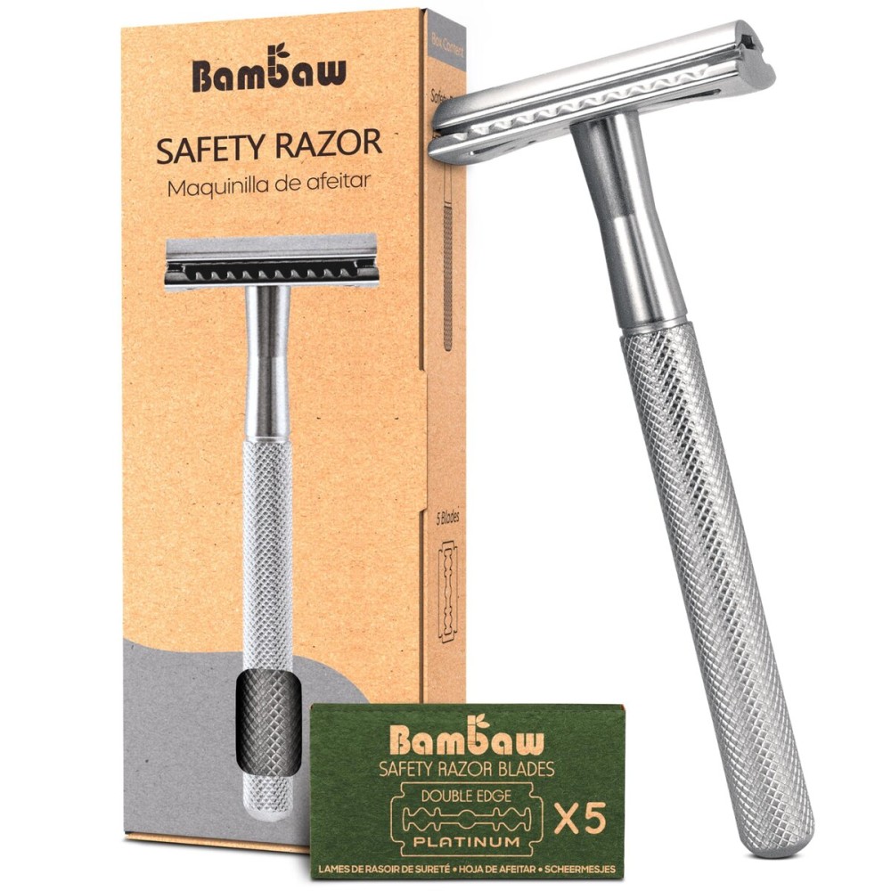 Bambaw Double Edge Safety Razor for Men & Women, Metal Razor with 5 Double Edge Safety Razor Blades, Eco-Friendly Razor - Silver Bambaw Double Edge Safety Razor for Men & Women, Metal Razor with 5 Double Edge Safety Razor Blades, Eco-Friendly Razor - Silver