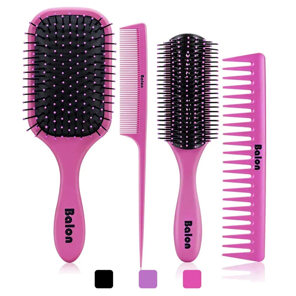4Pcs Detangling Brush Set for Women - Paddle Brush for Wet or Dry Straight, Long, Thick, Curly, Natural Hair, No More Tangles (Pink)