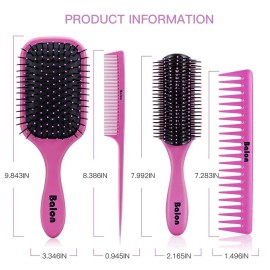 4Pcs Detangling Brush Set for Women - Paddle Brush for Wet or Dry Straight, Long, Thick, Curly, Natural Hair, No More Tangles (Pink)