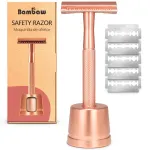 Bambaw Double Edge Safety Razor with Stand, Women Razor with 5 Double Edge Safety Razor Blades, Plastic Free Metal Razor - Rose Gold
