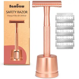 Bambaw Double Edge Safety Razor with Stand, Women Razor with 5 Double Edge Safety Razor Blades, Plastic Free Metal Razor - Rose Gold