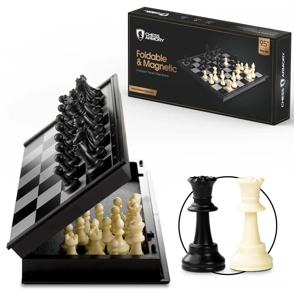 Chess Armory Magnetic 9.5 Inches Travel Chess Set - Folding Board with Storage Box & 2 Extra Queen. Chess Armory Magnetic 9.5 Inches Travel Chess Set - Folding Board with Storage Box & 2 Extra Queen.