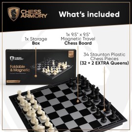 Chess Armory Magnetic 9.5 Inches Travel Chess Set - Folding Board with Storage Box & 2 Extra Queen. Chess Armory Magnetic 9.5 Inches Travel Chess Set - Folding Board with Storage Box & 2 Extra Queen.