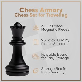 Chess Armory Magnetic 9.5 Inches Travel Chess Set - Folding Board with Storage Box & 2 Extra Queen. Chess Armory Magnetic 9.5 Inches Travel Chess Set - Folding Board with Storage Box & 2 Extra Queen.