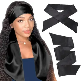 XTREND 2Pcs Women\'s Satin Edge Scarves for Wigs 58 Inch Silk Edge Laying Scarf for Women Non Slip Hair Wrap Wigs Grip Band for Yoga, Makeup, Facial, Sport (2 pcs, Black)