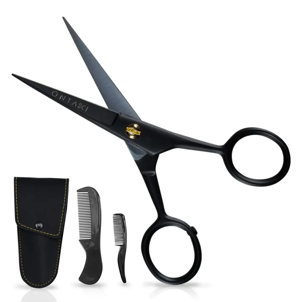 Ontaki 5 Professional German Beard & Mustache Scissors with 2 Comb & Carrying Pouch for Men - Bevel Edge for Precision - Facial Hair Grooming Kit All Body Hair - Black - Beard Trimming Scissors Ontaki 5 Professional German Beard & Mustache Scissors with 2 Comb & Carrying Pouch for Men - Bevel Edge for Precision - Facial Hair Grooming Kit All Body Hair - Black - Beard Trimming Scissors
