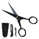 Ontaki 5 Professional German Beard & Mustache Scissors with 2 Comb & Carrying Pouch for Men - Bevel Edge for Precision - Facial Hair Grooming Kit All Body Hair - Black - Beard Trimming Scissors