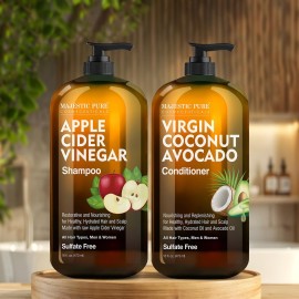 MAJESTIC PURE Apple Cider Vinegar Shampoo and Avocado Coconut Conditioner Set - Restores Shine & Reduces Itchy Scalp, Dandruff & Frizz - Sulfate Free, for All Hair Types, Men and Women - 2 x 16 fl oz