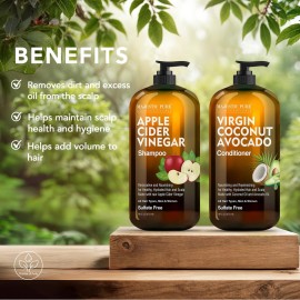 MAJESTIC PURE Apple Cider Vinegar Shampoo and Avocado Coconut Conditioner Set - Restores Shine & Reduces Itchy Scalp, Dandruff & Frizz - Sulfate Free, for All Hair Types, Men and Women - 2 x 16 fl oz