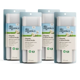 Sky Organics Organic Cotton Swabs for Sensitive Skin, 100% Pure GOTS Certified Organic for Beauty & Personal Care, 4 Pack with Ebook